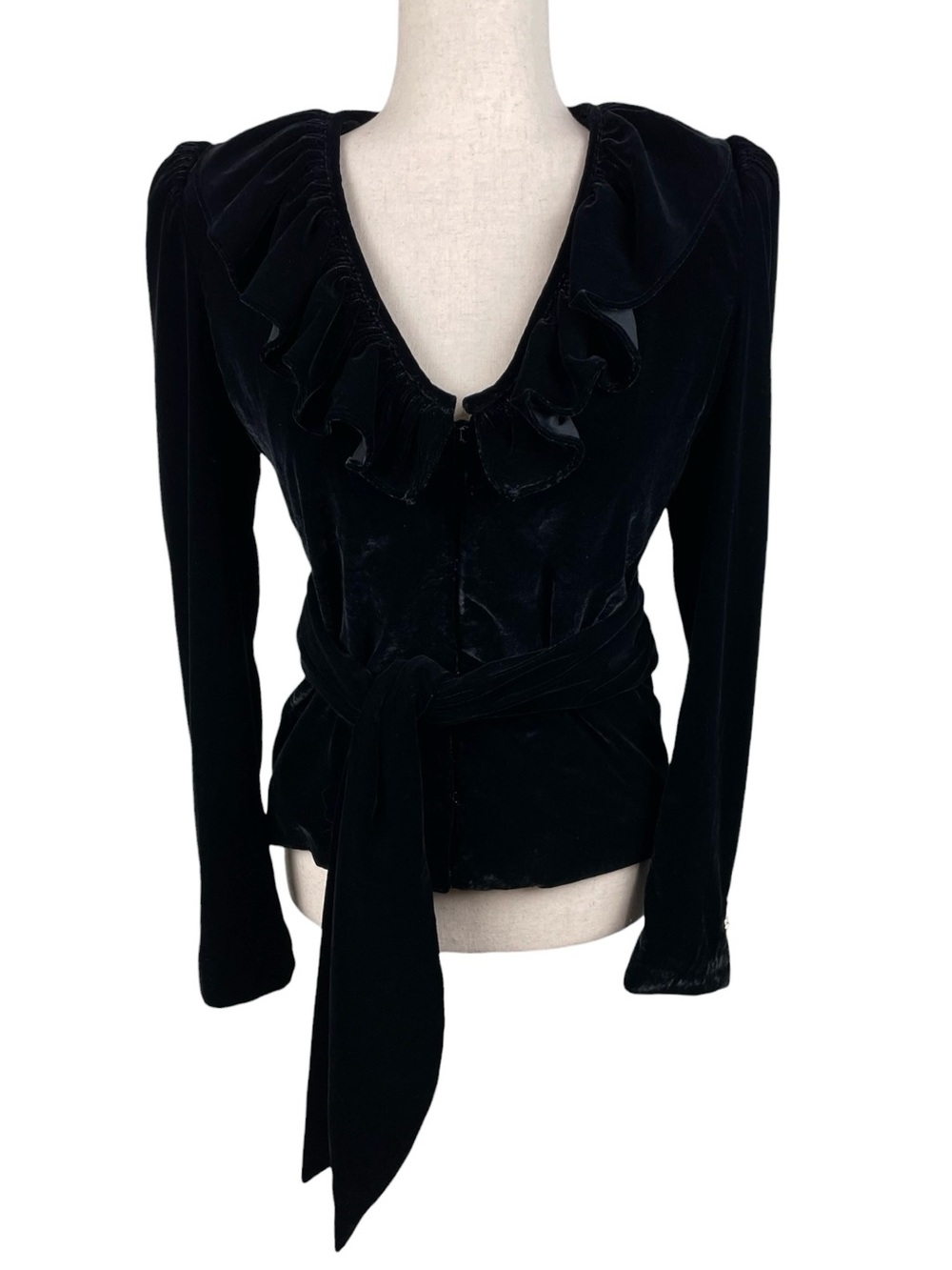 NEW Zara Black Velvet Jacket Ruffle Neck Sash Tie Waist Size XS Whimsigoth